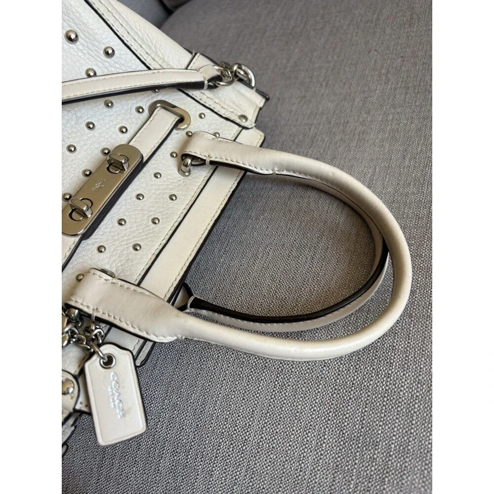 COACH Cream Mini Swagger 21 Pebble Leather Satchel studded Crossbody Bag